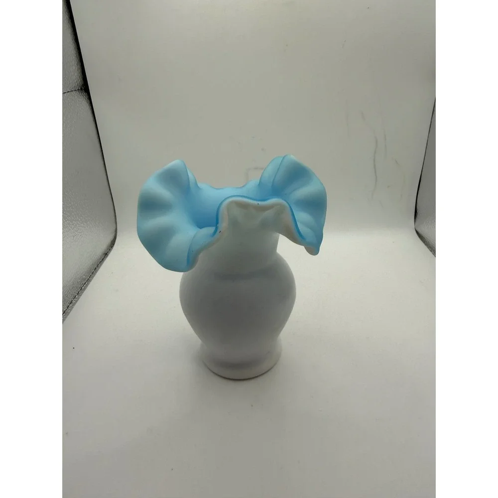 Vintage Blue Ruffled Milk Glass Bud Vase White Satin Cased Glass 4.5 Inch